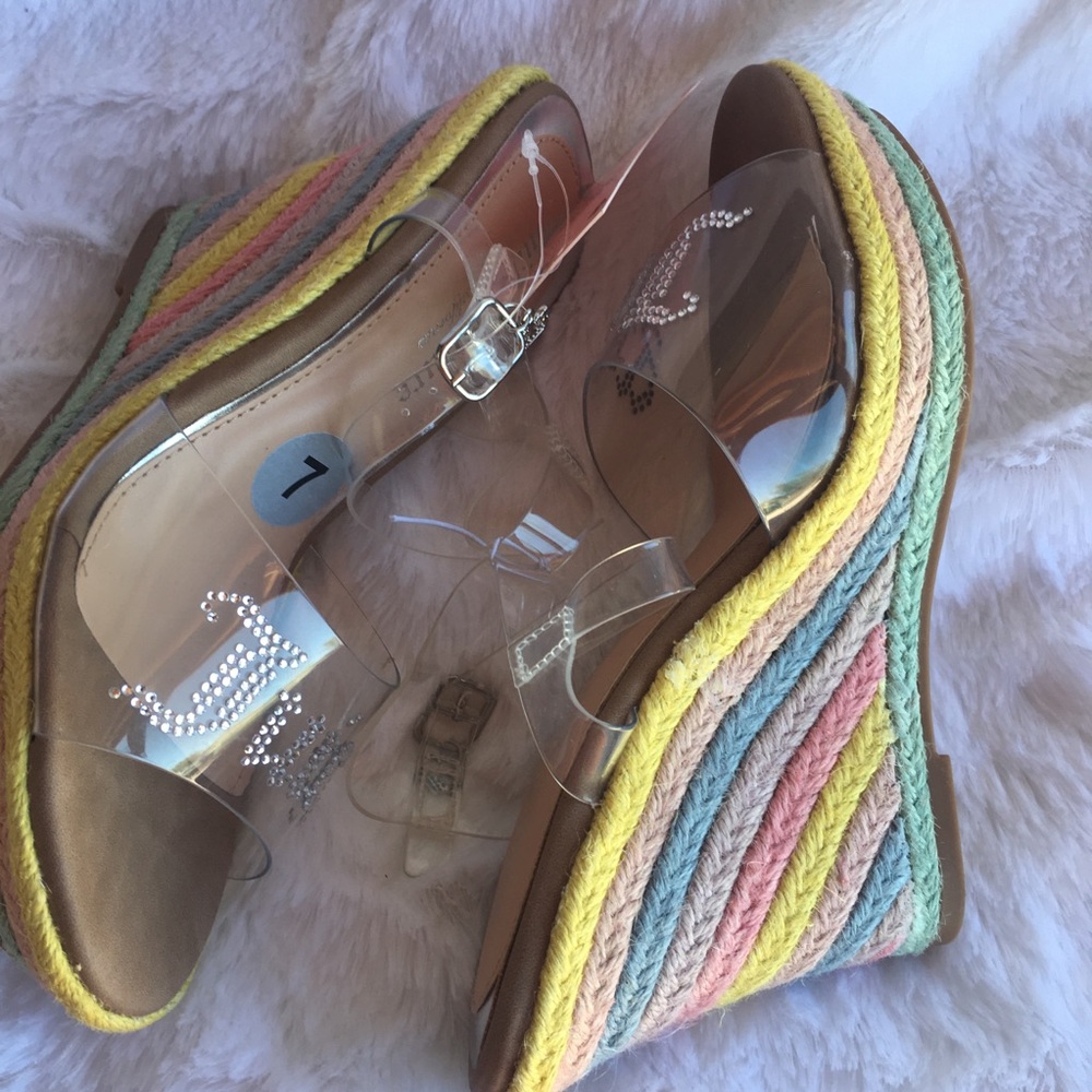 Juicy Couture Pastel Rainbow Wedge Rhinestone Logo Clear Strap Wedge Sandals NWT